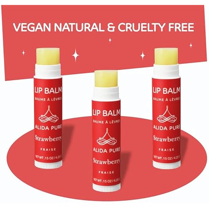 ALIDA PURE STRAWBERRY LIP BALM COLLECTION, VEGAN LIP BALM SET, BEESWAX FREE, WITH AVOCADO OIL, ORGANIC JOJOBA OIL, AND VITAMIN E, NATURAL MOISTURIZER FOR DRY, CHAPPED LIPS, 3 TUBE SET - Image 3